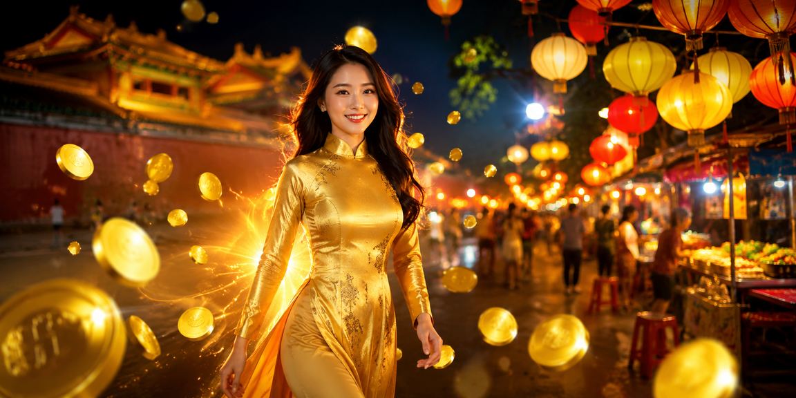 Người phụ nữ mặc áo dài tại Huế xem kết quả xổ số trực tiếp trên điện thoại